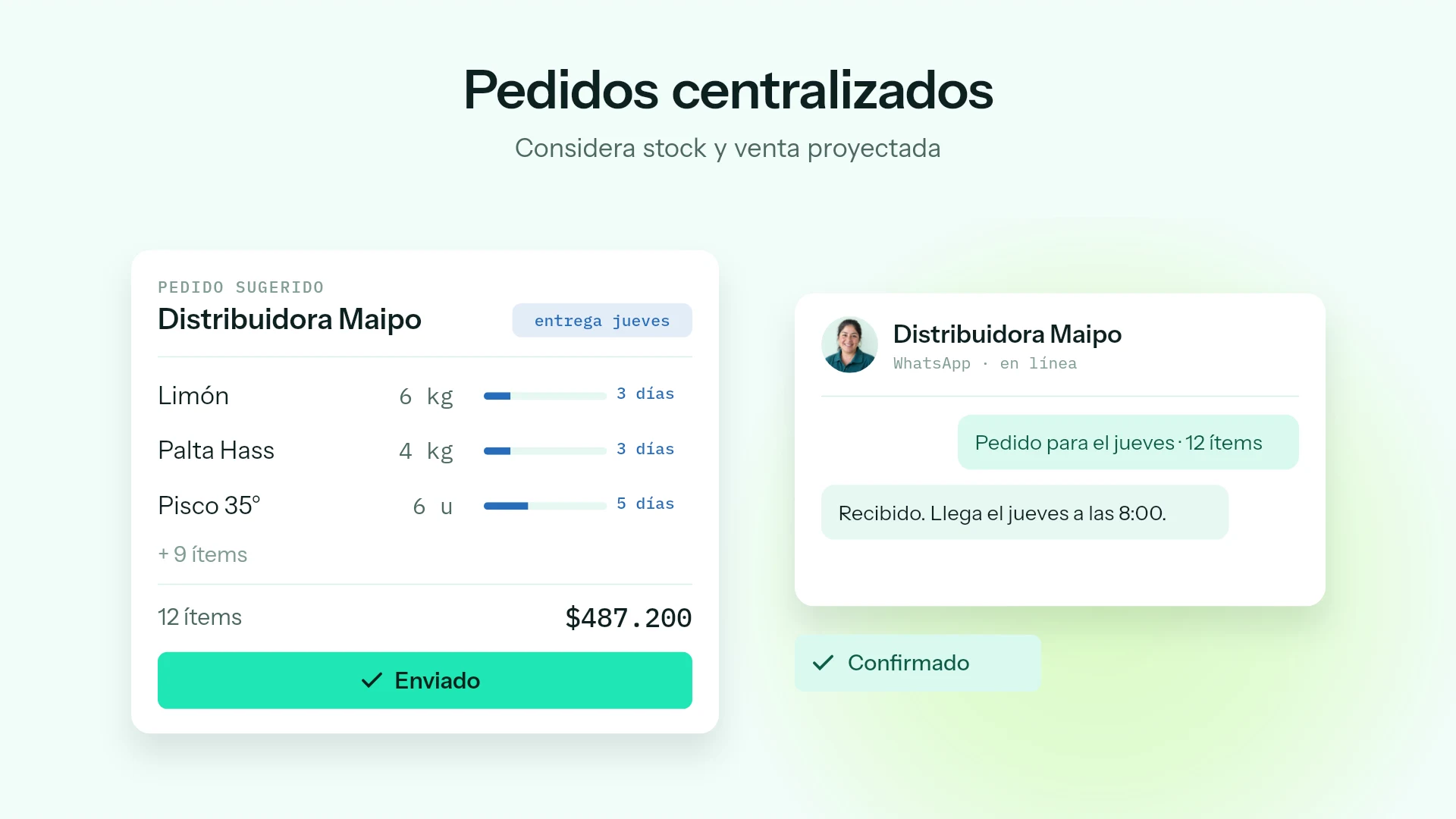 Pedidos centralizados: pedido sugerido a Distribuidora Maipo, enviado por WhatsApp y confirmado por la proveedora